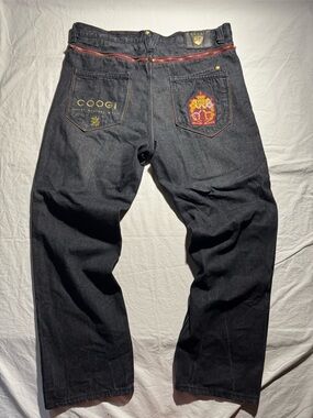 COOGI Black Denim Jeans with Red & Gold Embroidered Back 42x 16 1/2